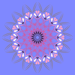 Round pattern, floral oriental motifs. Bright colours. Design element, ethnicity, symmetry. Pink-red with gray elements - on a blue-violet background.