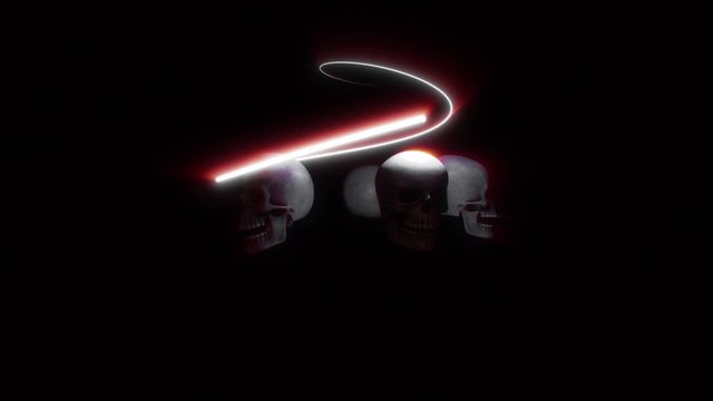 Animated skulls with 3d neon lines tracer and lights on the beat, red white color.