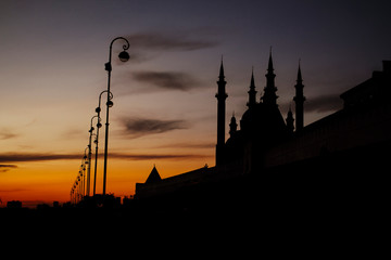 Silhouette of the Kul Sharif mosque at sunset.