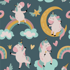 Vector seamless pattern with cute unicorns, clouds, rainbow, stars.