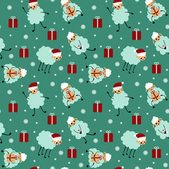 Christmas seamless pattern with cartoon sheep on green background. Cute animals with presents and snowflakes. Flat vector illustration.