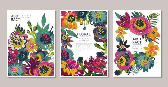 Vector Collection Of Trendy Creative Cards With Hand Painted Flowers, Leaves And Different Textures