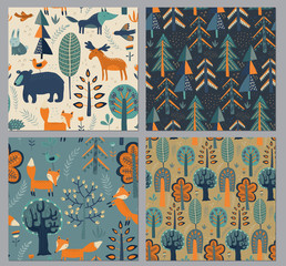 Vector collection of seamless patterns with hand drawn forest animals, trees, plants, flowers.