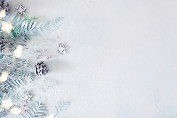 Christmas and winter background with a left border of green and frosted evergreen branches on a white vintage board and copy space design