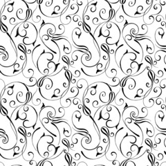 seamless pattern in black and white with curls and plant elements