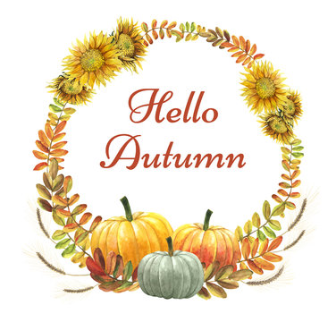 Hello autumn. Watercolor autumn wreath with pumpkins and Sunflowers.