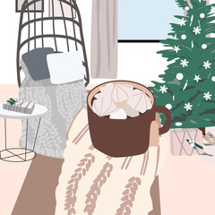 Hygge card with person staying at home in warm sweater  and enjoying moment with mug and hot drink. Cozy interior in trendy Scandinavian style. Christmas vector illustration print, poster, banner