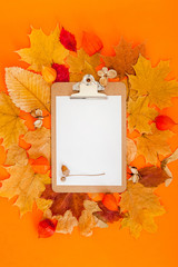 Naklejka na ściany i meble Autumn clipboard mockup with fall leaves