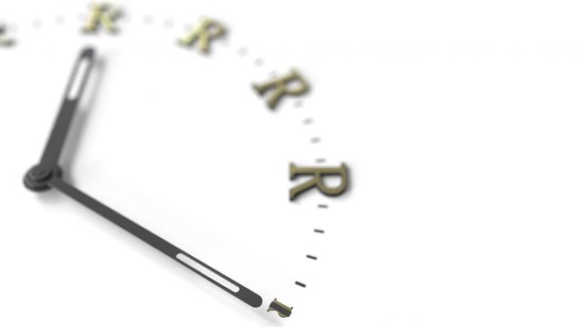 Hand pointing at South African rand symbols on white clock face. Investment related conceptual 3D animation
