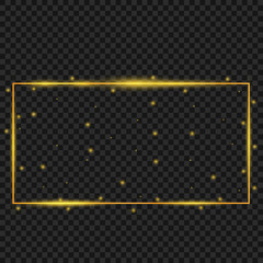 Golden frame with lights effects,Shining luxury banner vector illustration. Glow line golden frame with sparks and spotlight light effects. Shining rectangle banner isolated on black transparent