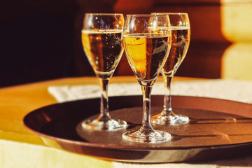  Wine and champagne crystal glasses  placed on the table