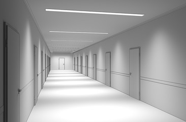 long corridor with doors, interior visualization, 3D illustration
