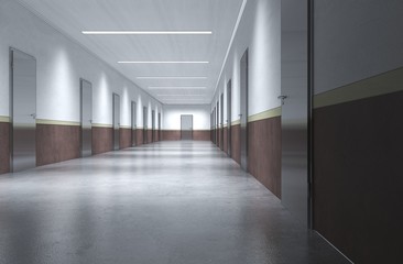 long corridor with doors, interior visualization, 3D illustration