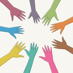 Different color hands together towards the center