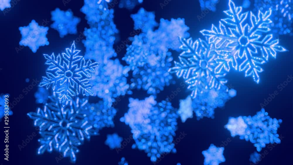 Poster 3d blue christmas background with bokeh and depth of field of shiny toy snowflakes hanging in the ai