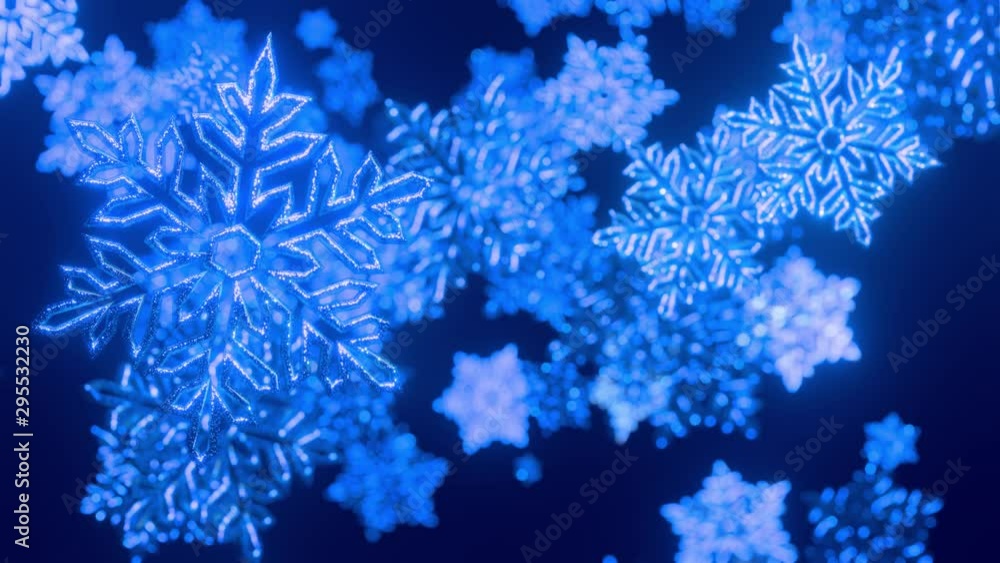 Poster 3d blue christmas background with bokeh and depth of field of shiny toy snowflakes hanging in the ai