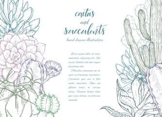 Floral background. Hand drawn vector botanical illustration. Template greeting card, wedding invitation banner with spring flowers. Sketch linear cactus ans succulents . Engraved style illustration. © Katarina S.