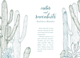 Floral background. Hand drawn vector botanical illustration. Template greeting card, wedding invitation banner with spring flowers. Sketch linear cactus ans succulents . Engraved style illustration.