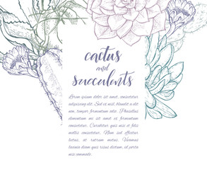 Floral background. Hand drawn vector botanical illustration. Template greeting card, wedding invitation banner with spring flowers. Sketch linear cactus ans succulents . Engraved style illustration.