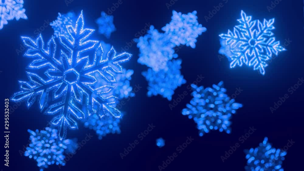 Poster 3d blue christmas background with bokeh and depth of field of shiny toy snowflakes hanging in the ai