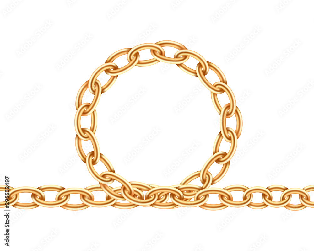 Poster realistic gold circle frame chain texture. golden round chains link isolated on white background. je