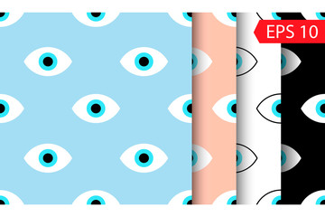 set vector seamless eye pattern on blue background. collection modern trendy design. stylish print for textiles, packaging, design