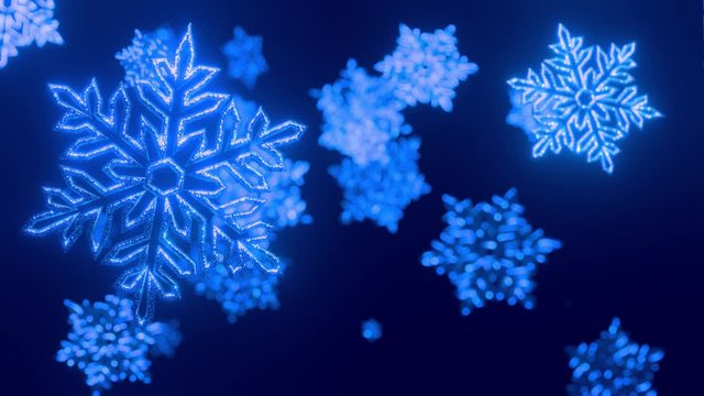 3d blue christmas background with bokeh and depth of field of shiny toy snowflakes hanging in the air beautifully shiny slowly swaying and shining in the light. Beautiful 3d for new year in 4k