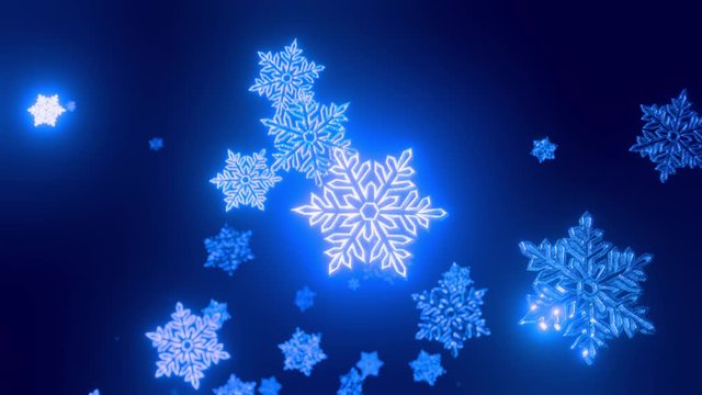 3d blue christmas background with bokeh and depth of field of shiny toy snowflakes hanging in the air beautifully shiny slowly swaying and shining in the light. Beautiful 3d for new year in 4k