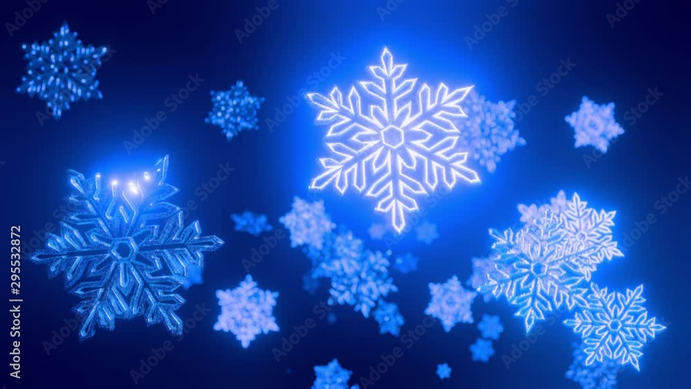 Poster 3d blue christmas background with bokeh and depth of field of shiny toy snowflakes hanging in the ai