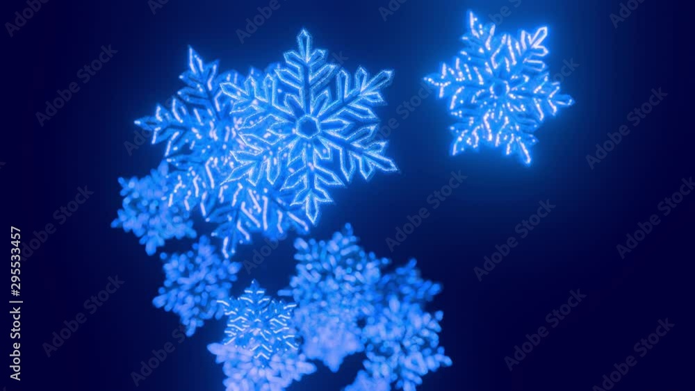 Poster 3d blue christmas background with bokeh and depth of field of shiny toy snowflakes hanging in the ai