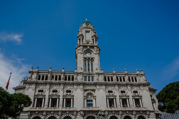 Porto City Hall on Liberty Square (Praca da Liberdade) in Porto. there is a large clock centred in the building&rsquo;s 70-meter tower