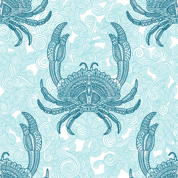 Decorative sea crab. Hand drawn vector illustration. Seamless pattern.