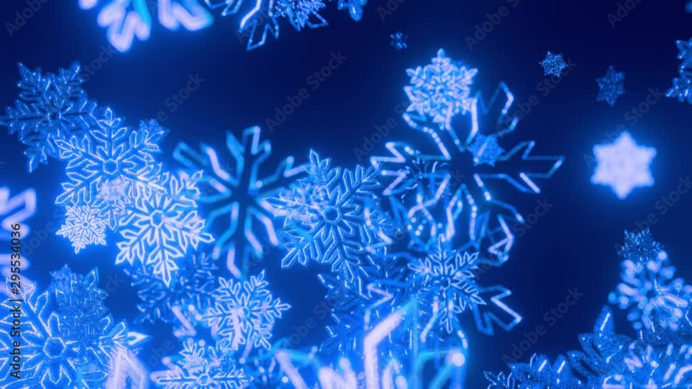 Poster 3d blue christmas background with bokeh and depth of field of shiny toy snowflakes hanging in the ai