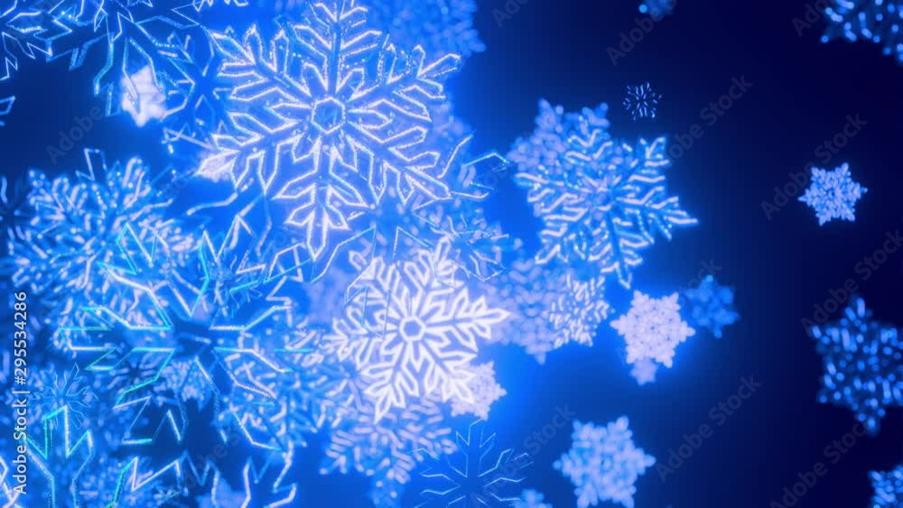 Poster 3d blue christmas background with bokeh and depth of field of shiny toy snowflakes hanging in the ai