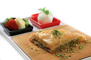 Fototapeta na wymiar pistachio baklava turkish dessert traditional white background