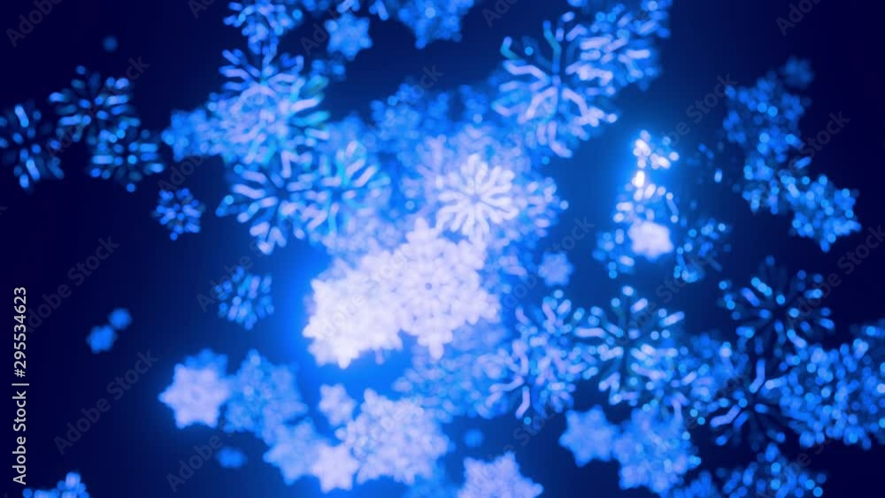 Poster 3d blue christmas background with bokeh and depth of field of shiny toy snowflakes hanging in the ai