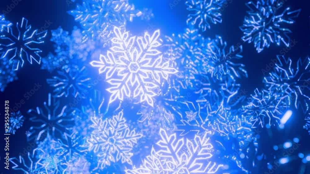 Poster 3d blue christmas background with bokeh and depth of field of shiny toy snowflakes hanging in the ai