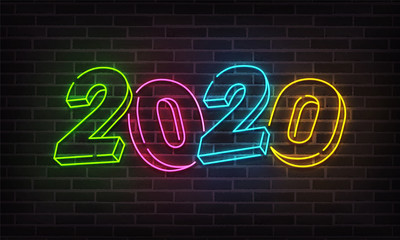 Fototapeta na wymiar 2020 New Year neon background colorful. Merry Christmas neon sign. Logo, emblem, banner and label, bright signboard, light banner.