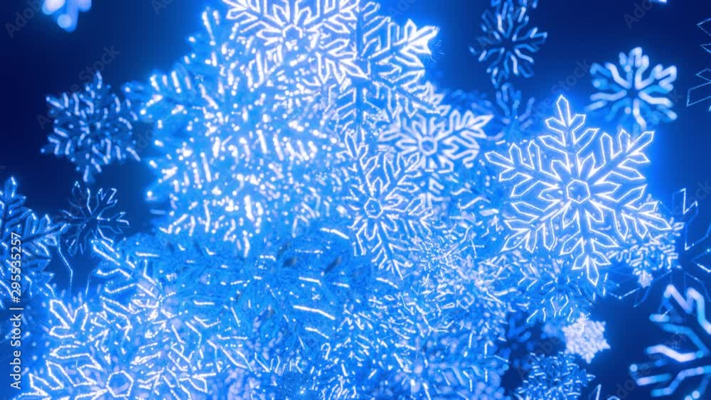 Poster 3d blue christmas background with bokeh and depth of field of shiny toy snowflakes hanging in the ai