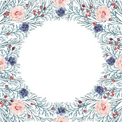 watercolor flower circle winter frame