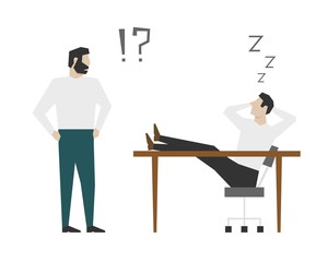 Worker sleeping behind his desk during working hours. Flat design vector illustration