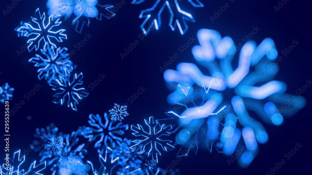 Poster 3d blue christmas background with bokeh and depth of field of shiny toy snowflakes hanging in the ai
