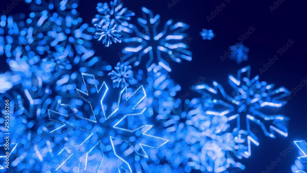 Poster 3d blue christmas background with bokeh and depth of field of shiny toy snowflakes hanging in the ai