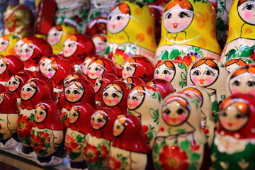 Batch of collorful Russian Matryoshka dolls in a tourist shop in Moscow, Russia. Russian nesting dolls.