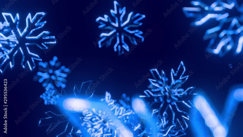 Poster 3d blue christmas background with bokeh and depth of field of shiny toy snowflakes hanging in the ai