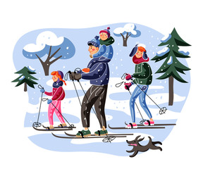Family skiing flat vector illustration