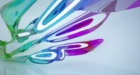 Abstract architectural white and glass gradient color smooth interior of a minimalist house with large windows.. 3D illustration and rendering.