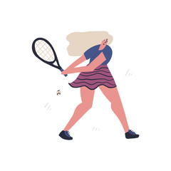 Professional tennis player flat hand drawn illustration. Sportsman hitting forehand volley cartoon character. Athletic woman in sportswear. Healthy lifestyle concept. T shirt print design