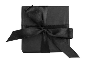 Gift box top view isolated on white background. Luxury black gift box for Christmas holiday or sale on black Friday