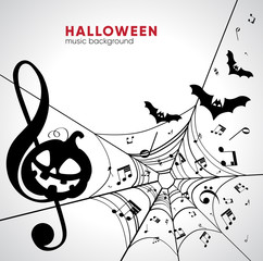 Black spider web with treble clef with pumpkin, bats and notes. Musical Composition at Halloween Party